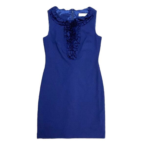Trina Turk Cobalt Blue Ruffle Front Sleeveless Knee Length Sheath Dress Size 0 - Picture 3 of 13